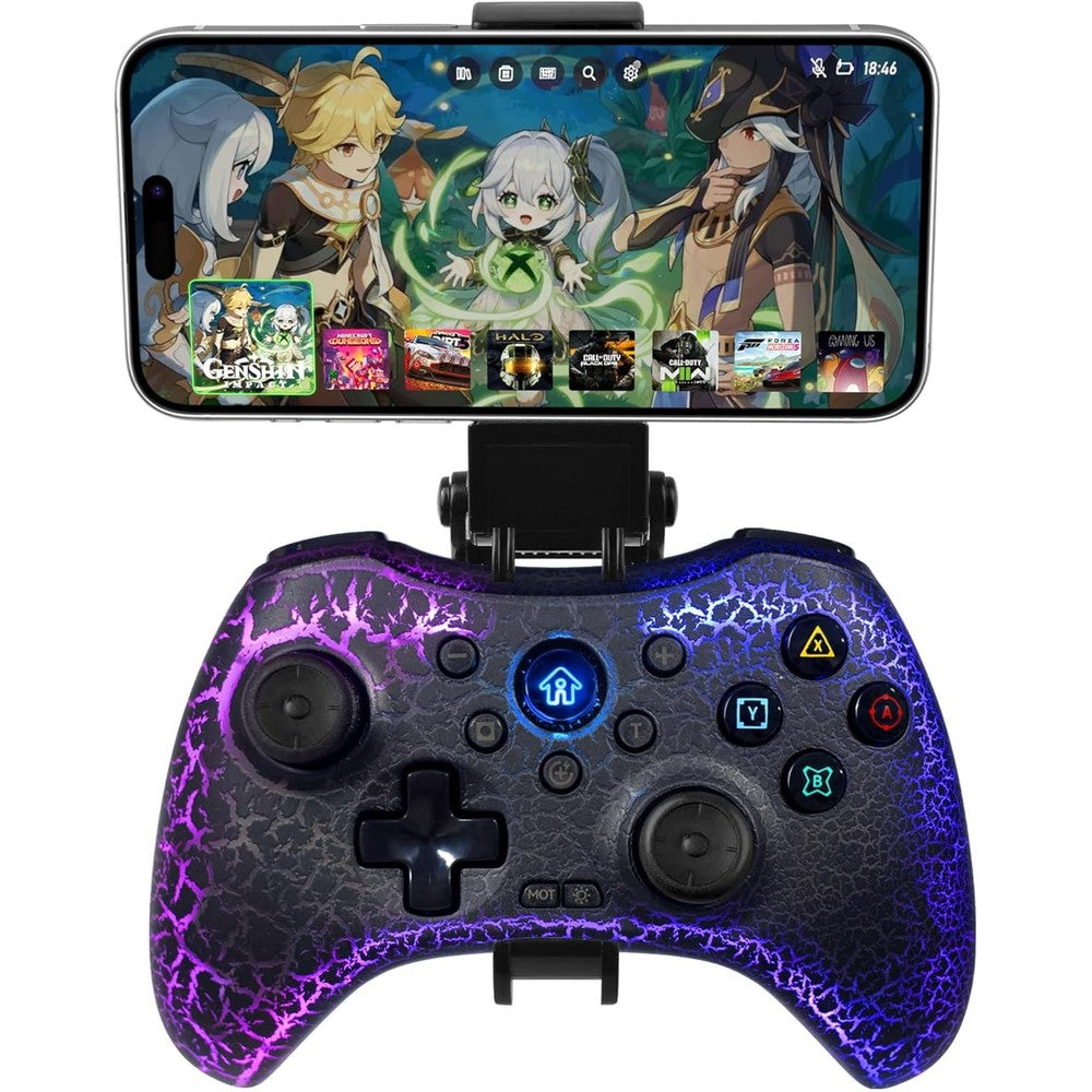 Joso wireless mobile gaming controller front view with colorful RGB lighting and analog sticks.