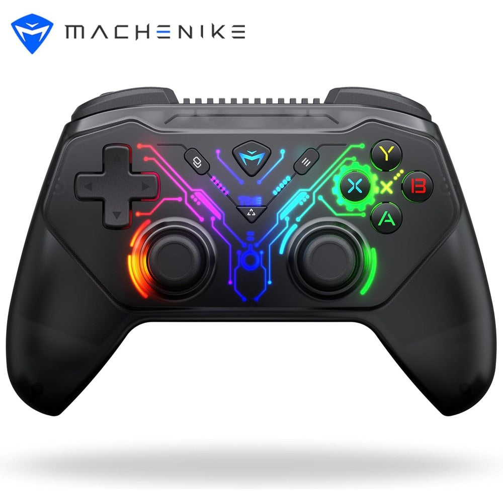 Machenike G3S wireless gaming controller front view showcasing black symmetrical design and RGB backlight