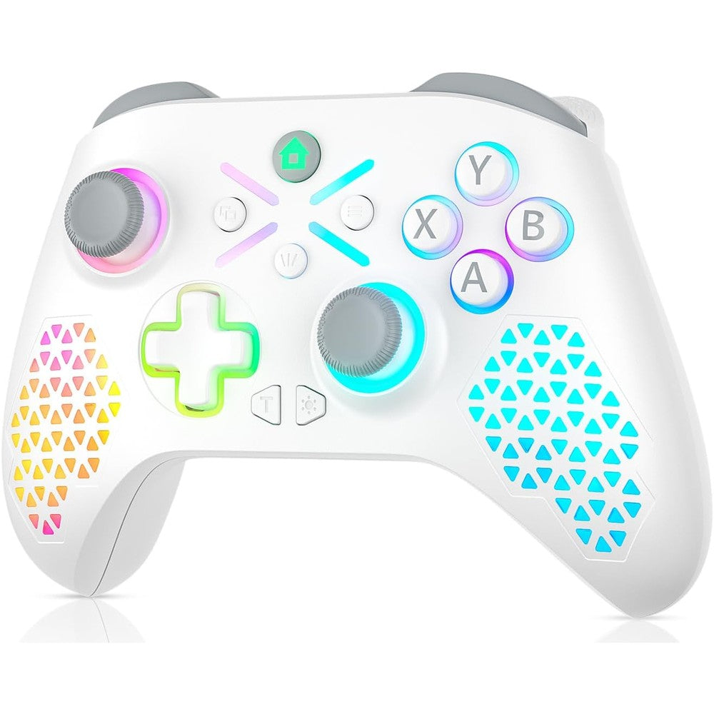 Nonbliep Wireless RGB Xbox Controller front view showcasing custom white housing with blue and pink geometric grips