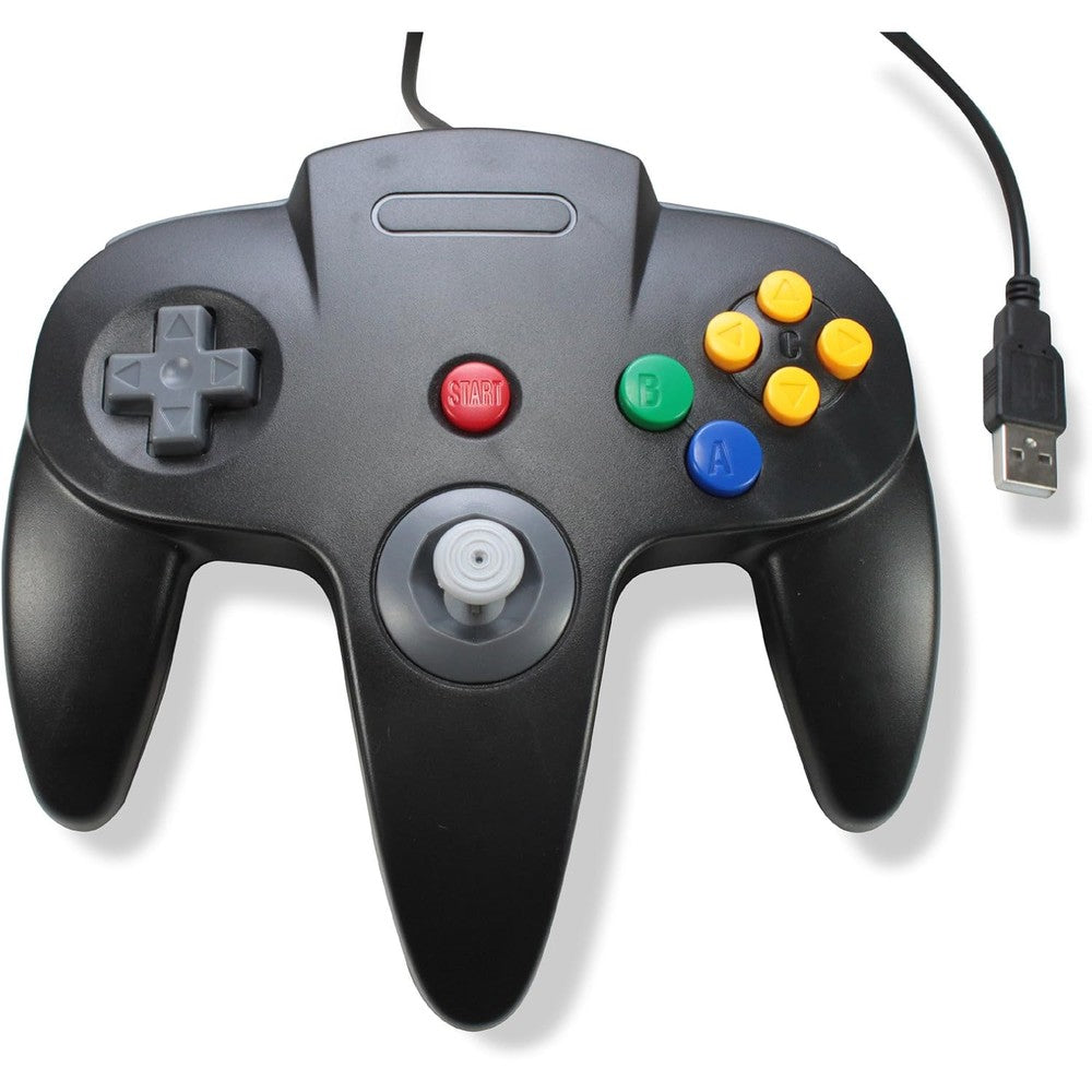 Gtron classic retro N64 bit USB wired controller in black showcasing front view button layout