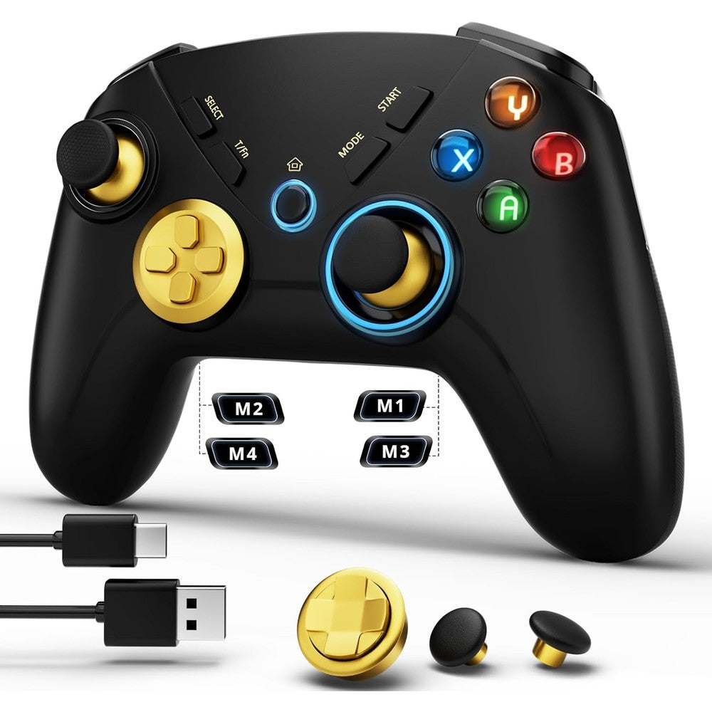 ISHAKO AG39 multi platform wireless gaming controller front view showing gold accented joysticks and illuminated buttons.