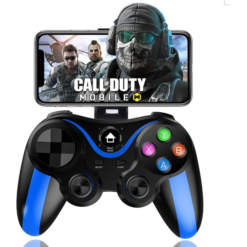 Arvin Bluetooth gamepad controller front view showcasing black body with blue accents and analog joysticks
