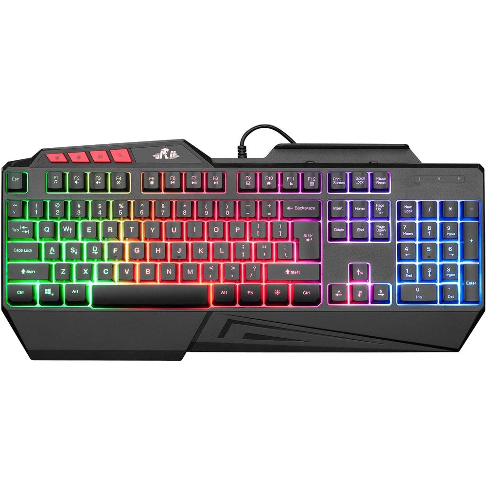 Rii RK202 RGB Gaming Keyboard front view with rainbow LED lights