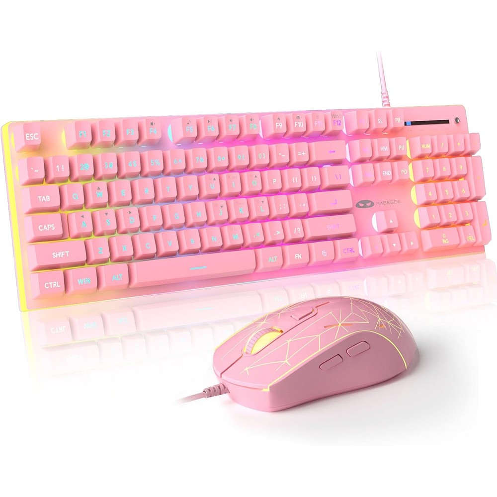 MageGee GT838 gaming keyboard and mouse combo front view in pink