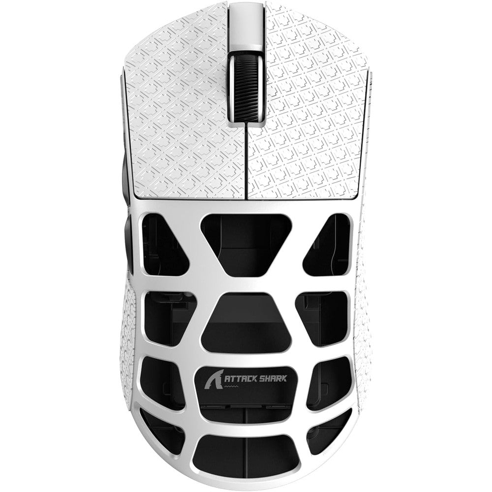 Attack Shark R3 wireless gaming mouse front view showing the white magnesium alloy hollowed shell design.