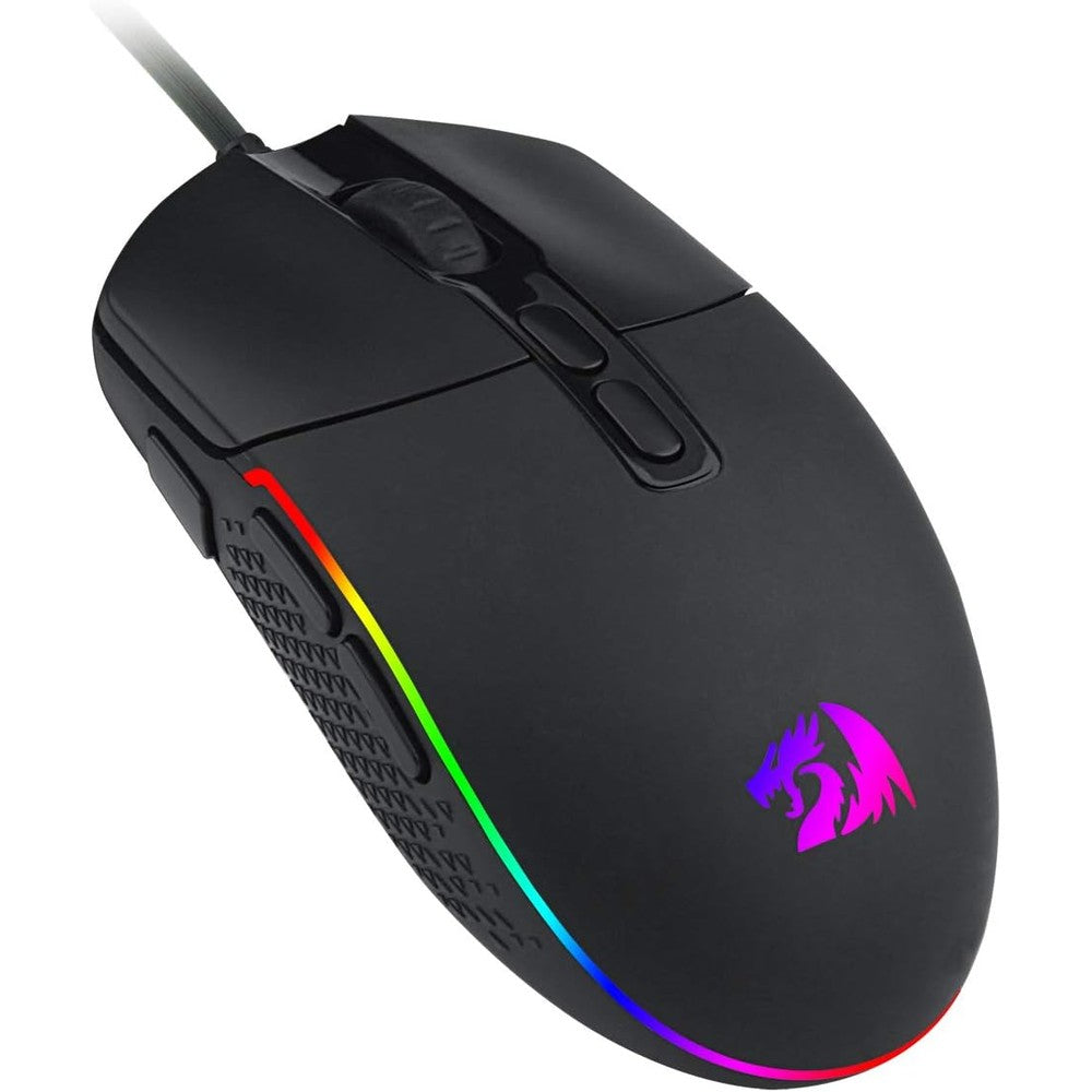 Redragon M719 Antonium RGB gaming mouse top view showing sleek black ergonomic body and glowing scroll wheel.
