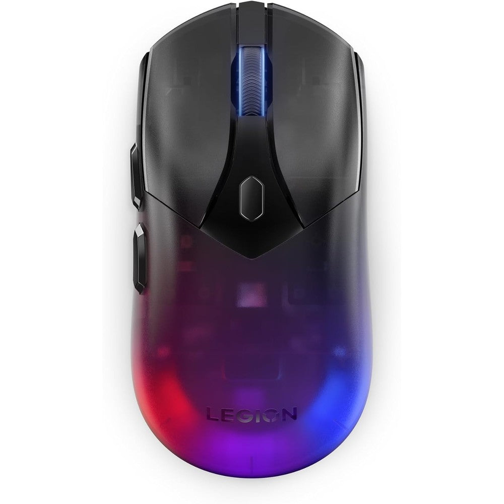 Lenovo Legion M410 wireless gaming mouse front view showing symmetrical layout and translucent black shell