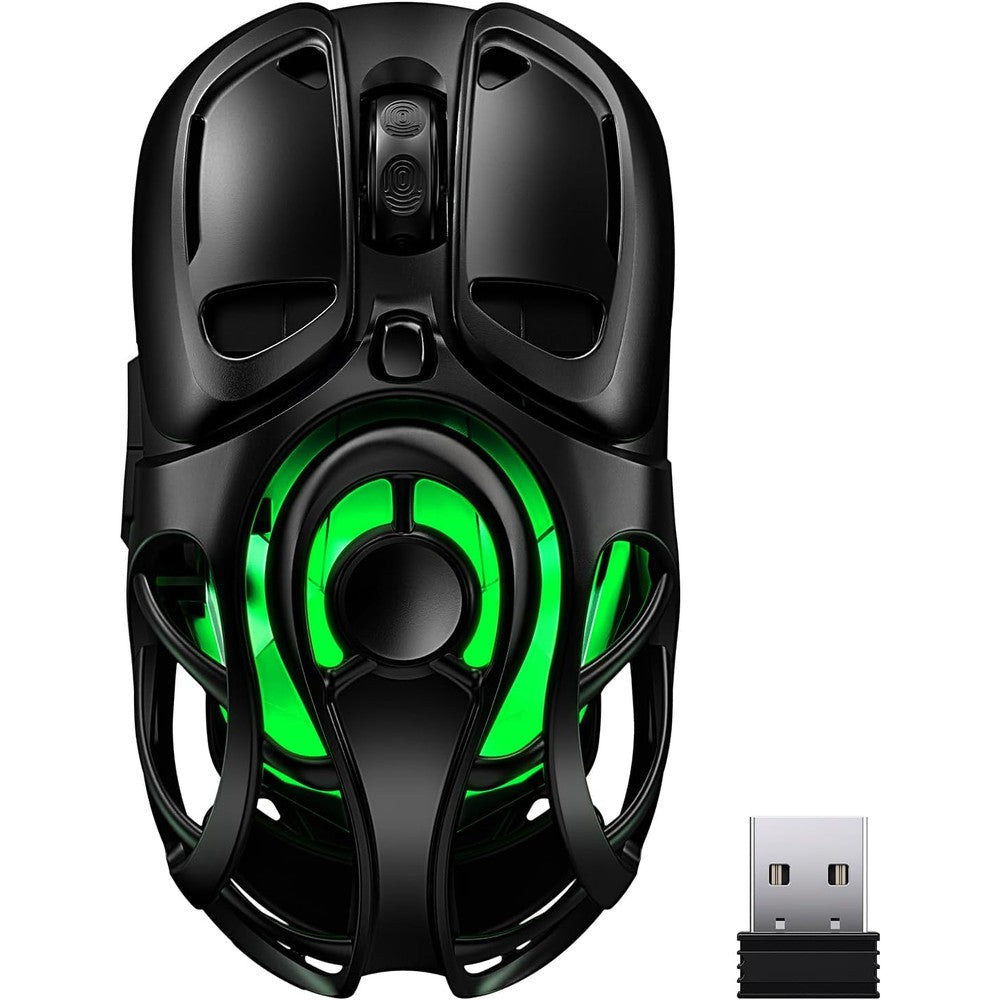 YPBDAN KM-3 wireless gaming mouse front view showing the lightweight perforated hollow shell and RGB lighting.
