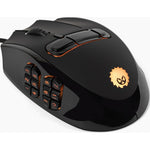 Hedgehog Gaming MMO Mouse front view showcasing the glossy black finish and custom LED lighting layout