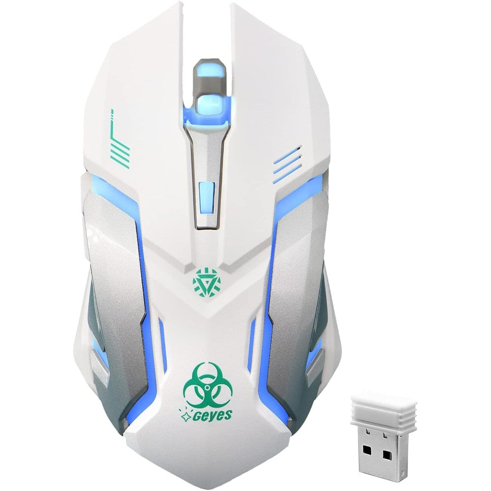 VEGCOO white wireless gaming mouse front view showing optical scroll wheel and sleek ergonomic body style