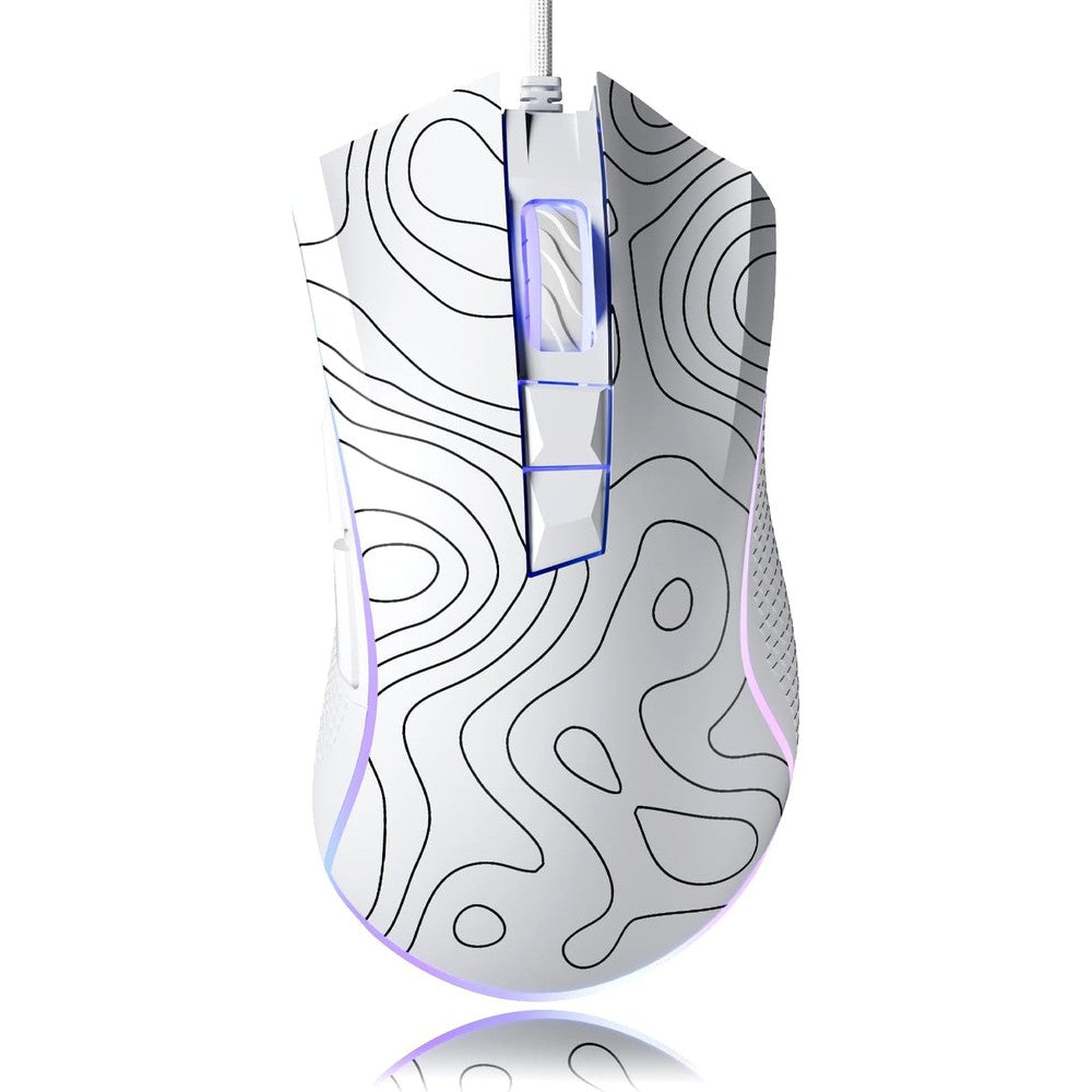 HITIME XVX G705 wired gaming mouse front view showing white topographic design