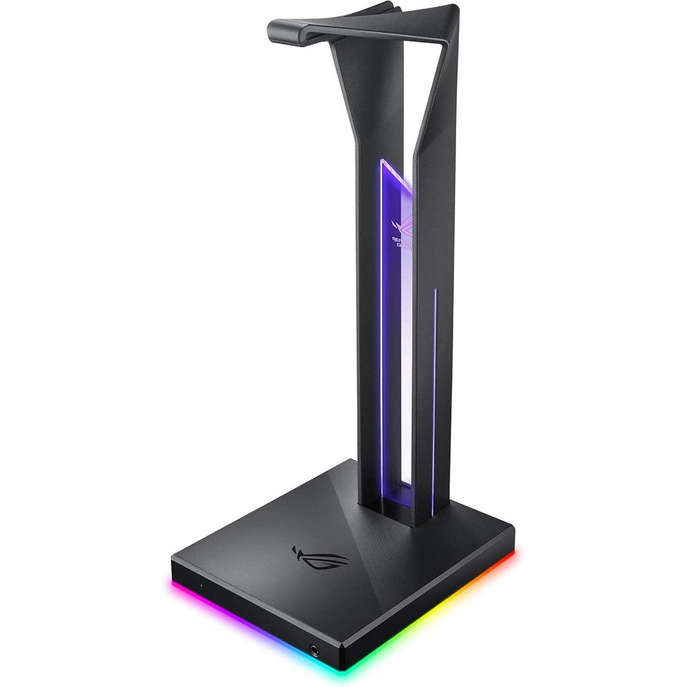 Asus Rog Throne Qi gaming headset stand front view with RGB lighting