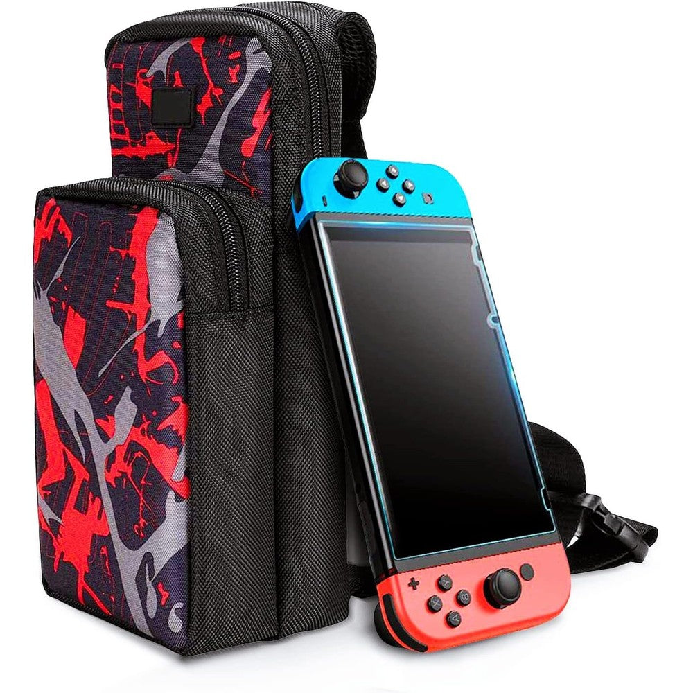 ENFILY backpack crossbody travel bag front view showing red and black paint splatter pattern