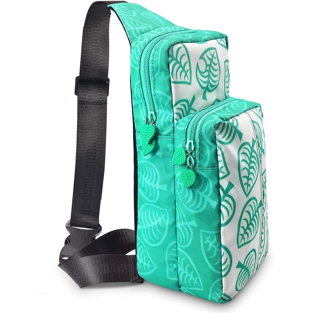 Waporich waterproof gaming crossbody side sling backpack front view showing teal and white leaf design