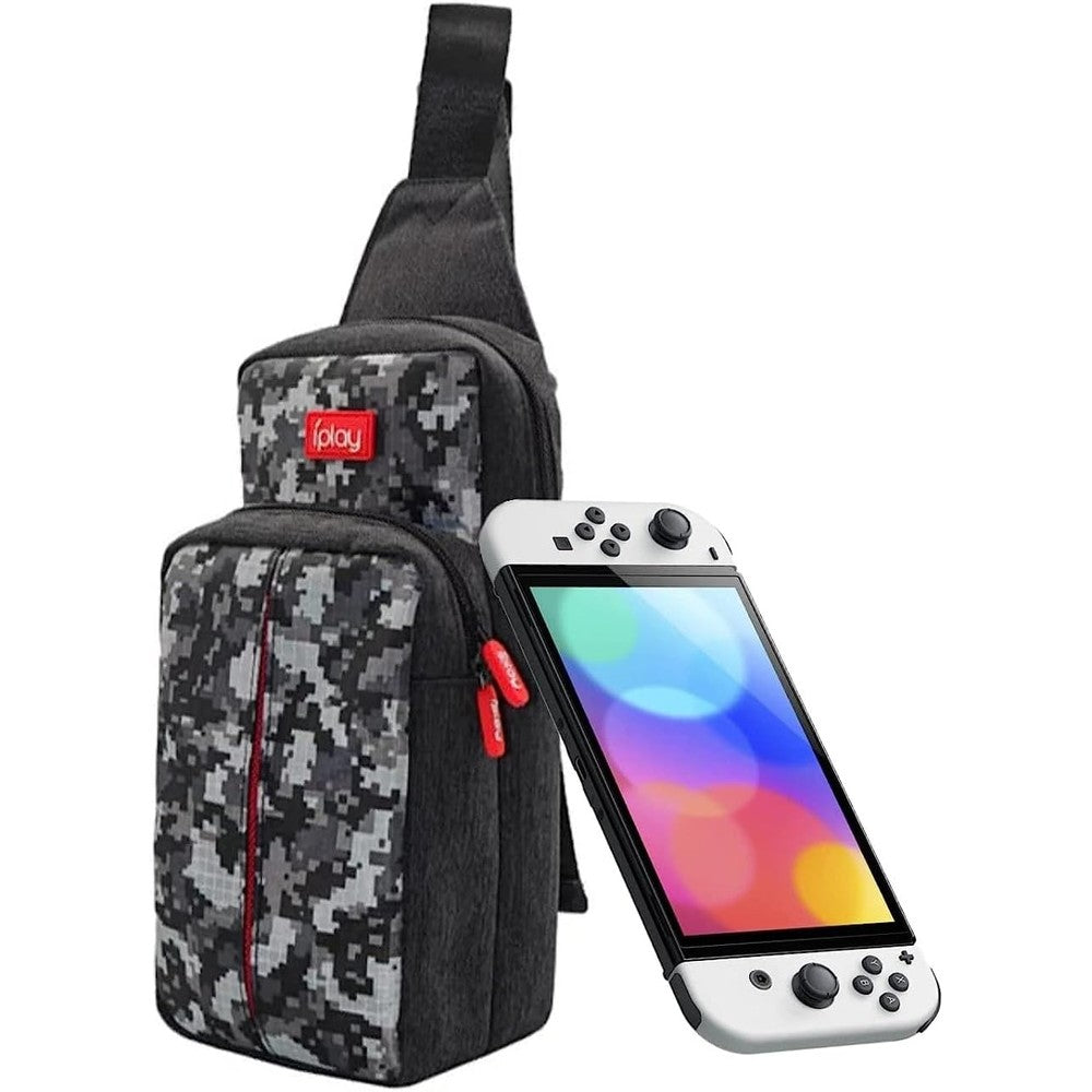 ENFILY Nintendo Switch travel bag front view gray camouflage gaming crossbody sling