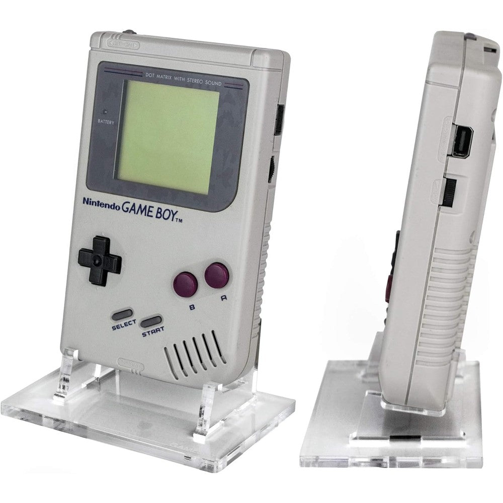 Rose Colored Gaming Game Boy DMG Display Stand front view showcasing clear acrylic build.