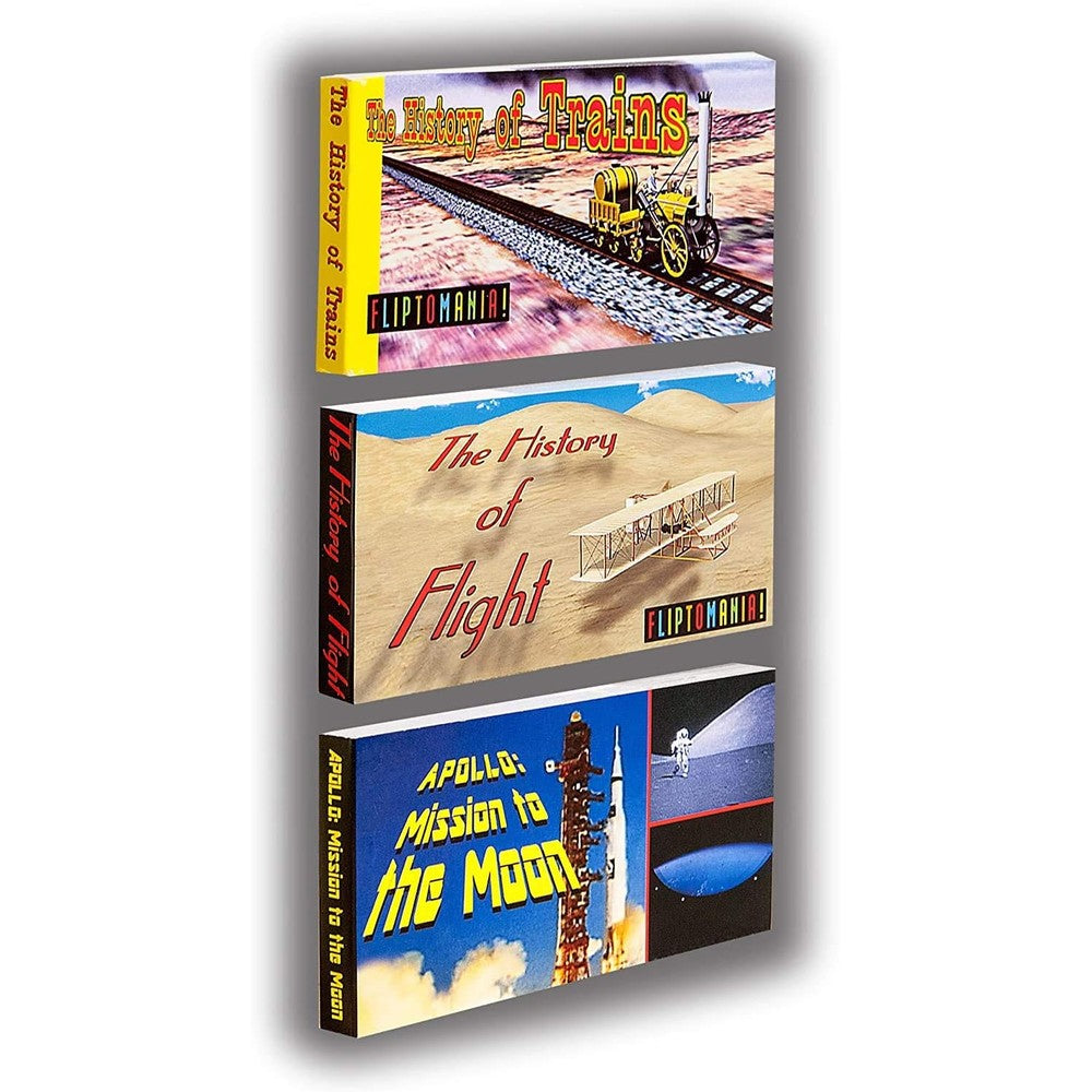 Fliptomania Planes Trains and Rockets Flipbook 3 Pack front view showcasing the transportation and space animation themes.