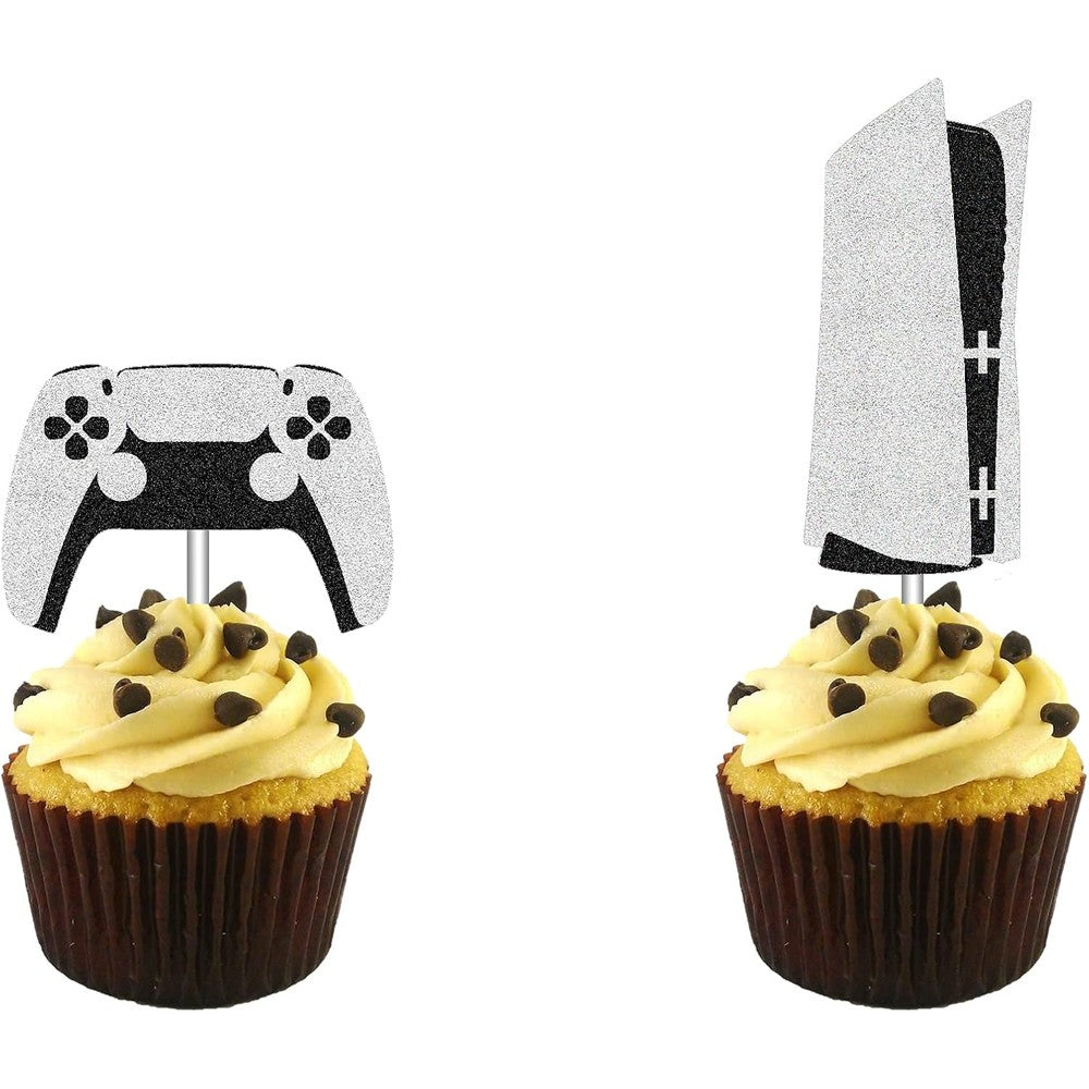 FHPDDTUD video game controller cupcake toppers front view showing silver glitter gamepad and console designs on food-grade sticks.