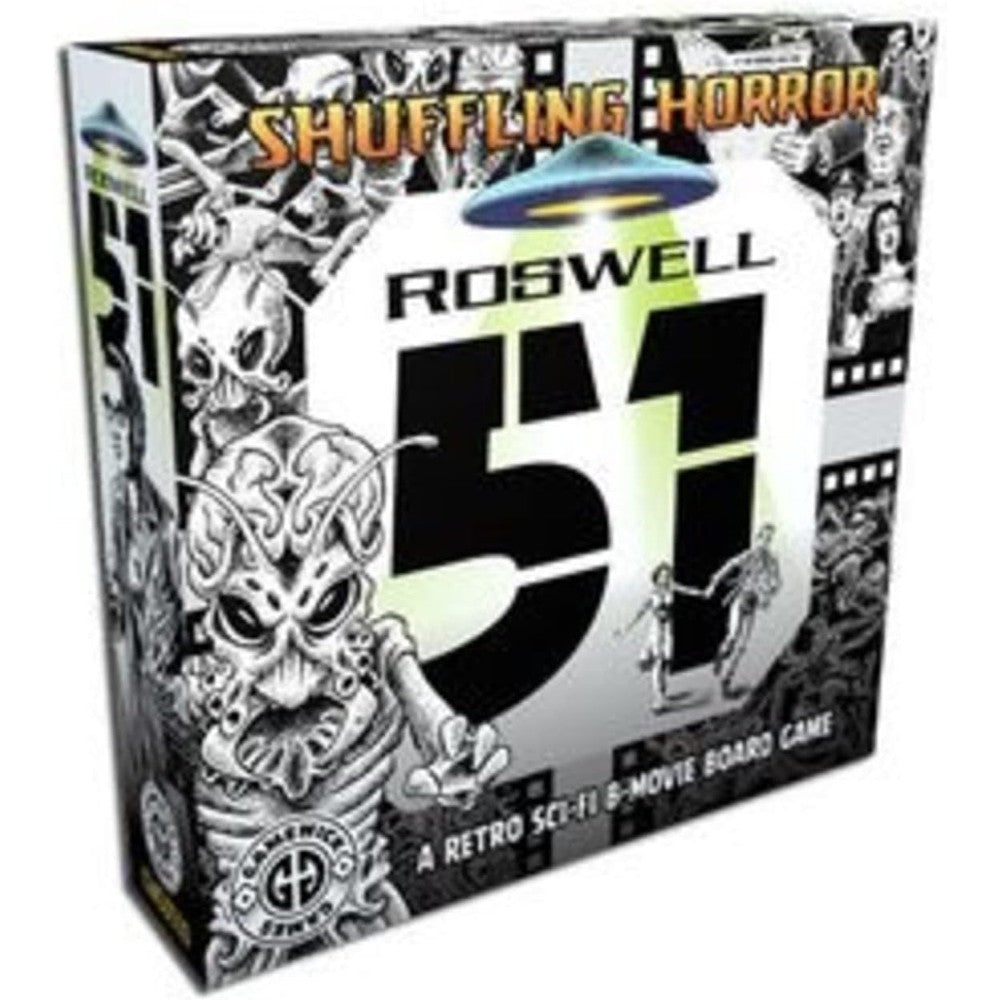 GameWick Games Roswell 51 Shuffling Horror card game box front view showcasing retro sci-fi art.