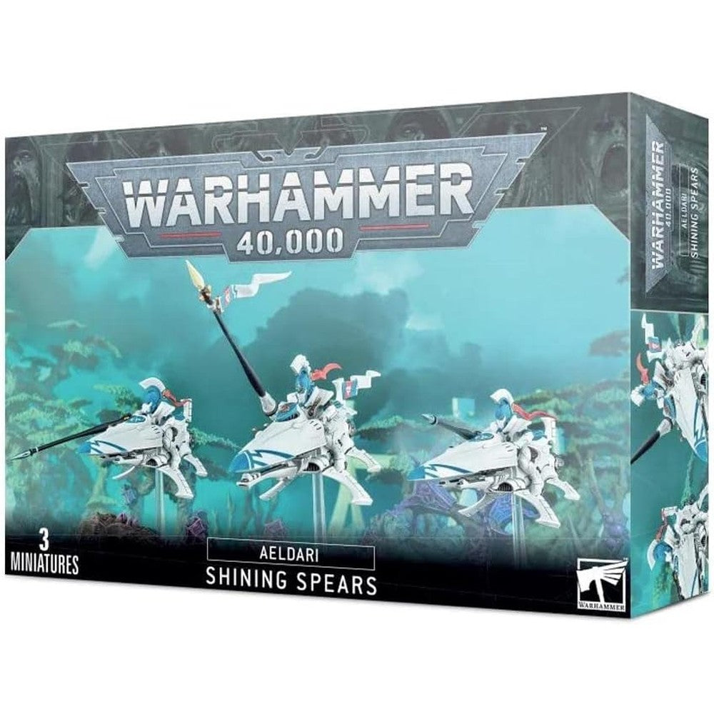 Games Workshop Warhammer 40000 Aeldari Shining Spears plastic miniatures front view for tabletop gaming.
