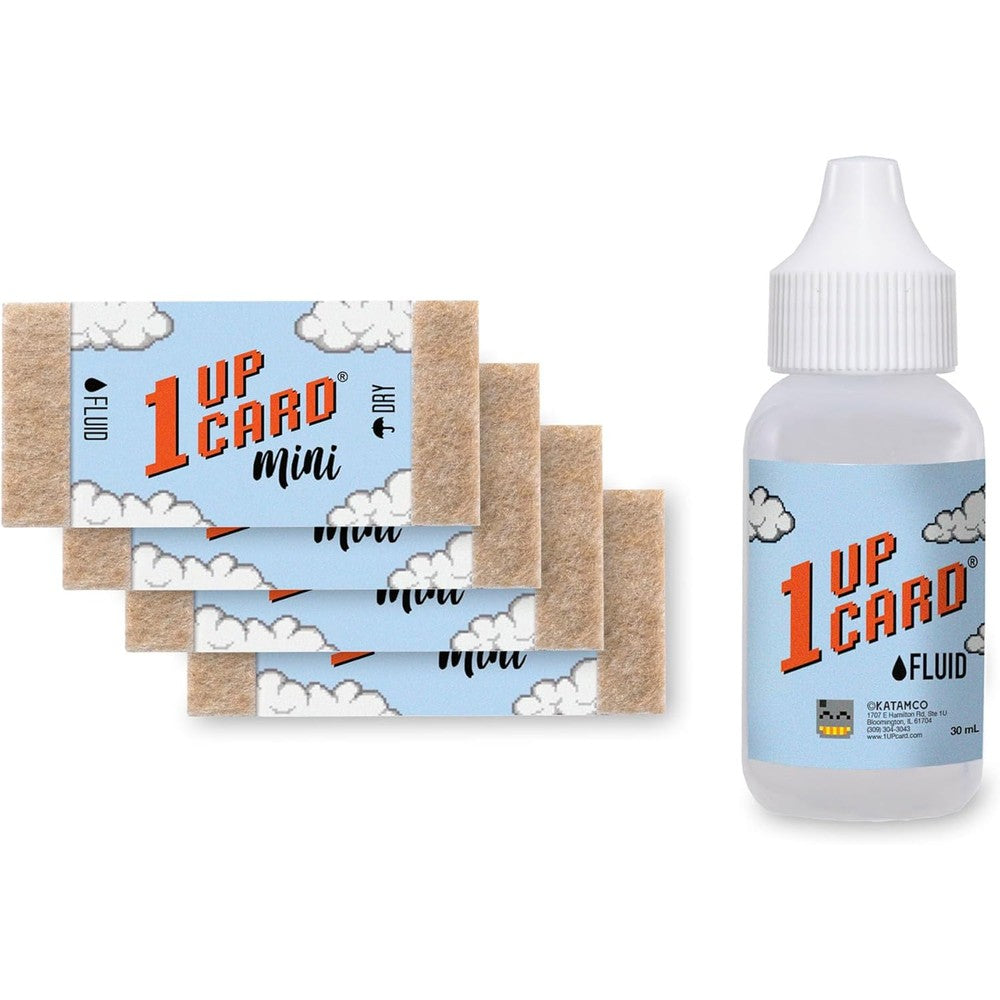 1UPcard Mini Game Cartridge Cleaning Kit front view featuring four cleaning cards and fluid bottle