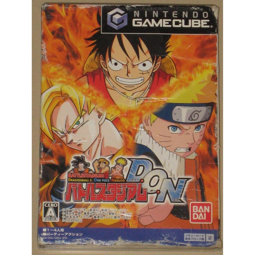 TOMY Battle Stadium DON GameCube front cover art featuring Goku, Luffy, and Naruto.