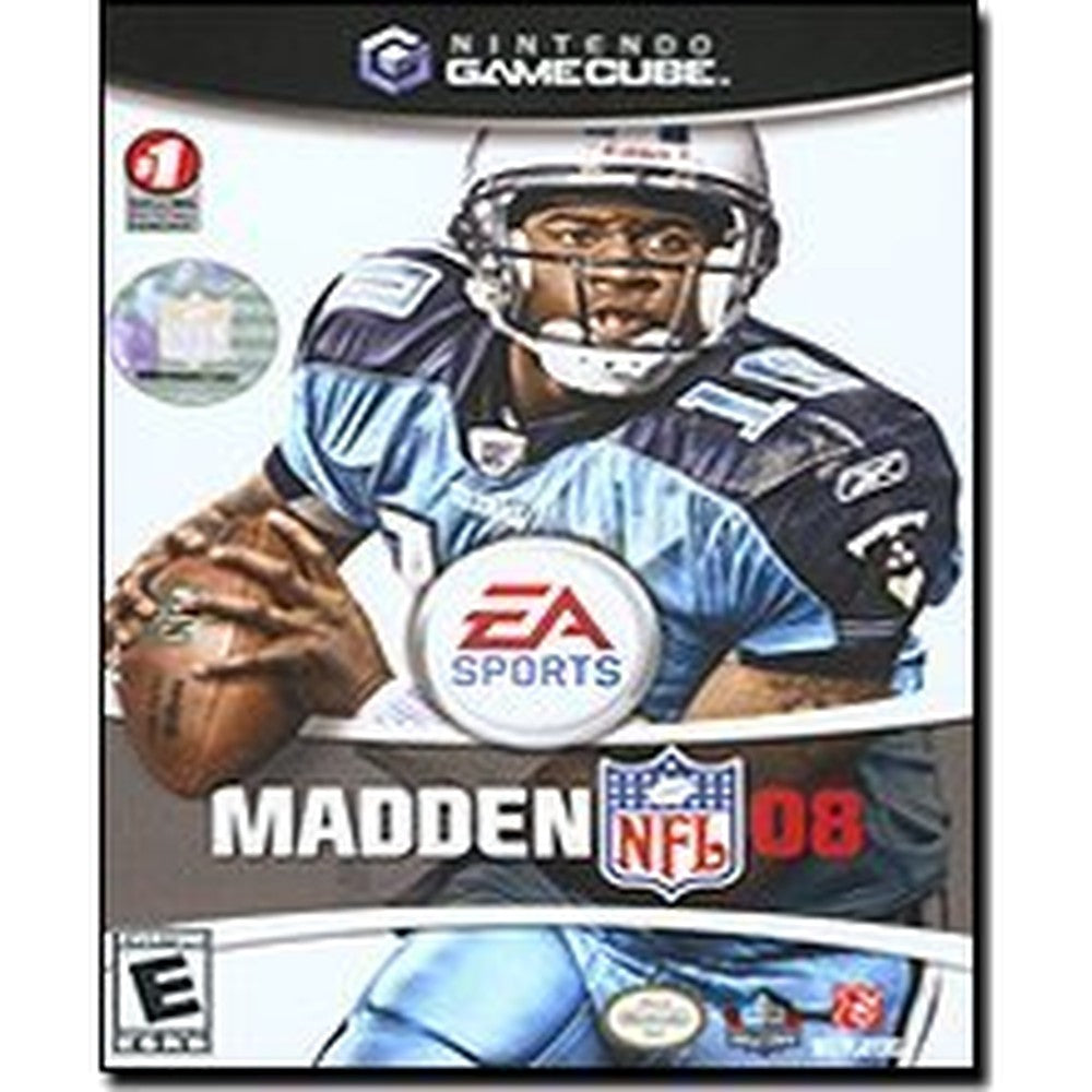 Electronic Arts Madden NFL 08 Nintendo GameCube front cover art featuring historical American football sports gameplay.