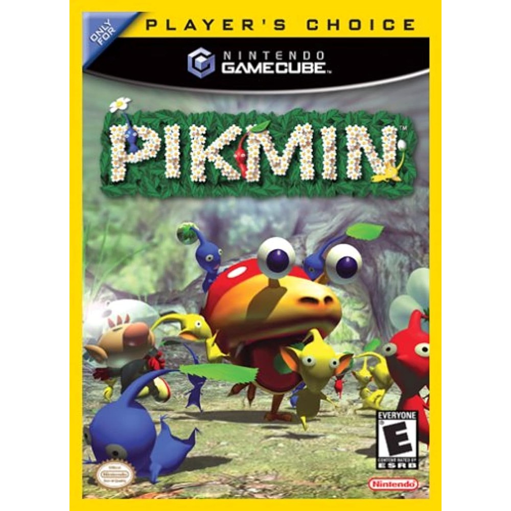 Nintendo Pikmin GameCube pre owned video game case front view showcasing Captain Olimar and colored plant creatures.