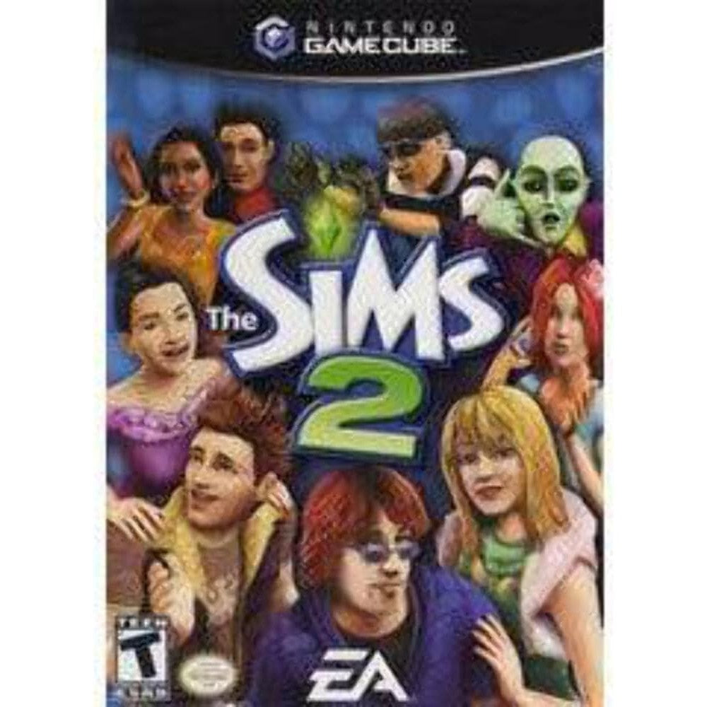 Nintendo The Sims 2 GameCube video game front cover art featuring classic characters and ESRB teen rating logo.