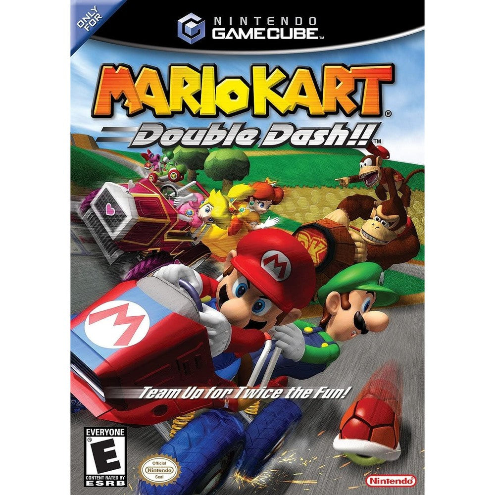 Nintendo Mario Kart Double Dash front cover art showing Mario and Luigi racing on a two-seater kart.