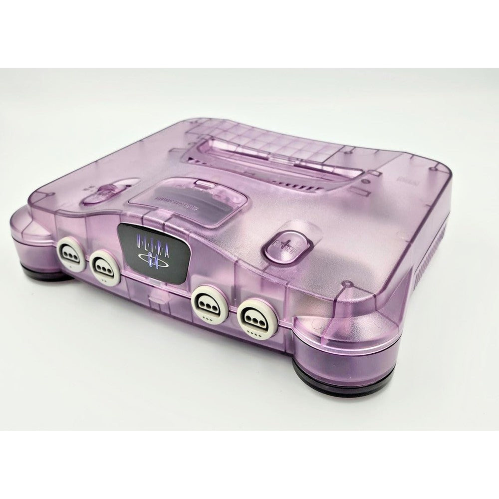 Trogg Tech Nintendo 64 replacement console shell front view featuring translucent atomic purple housing.