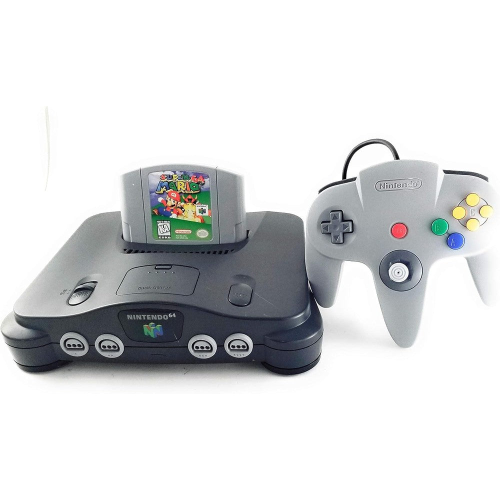 Nintendo 64 system bundle front view with gray controller and game cartridge