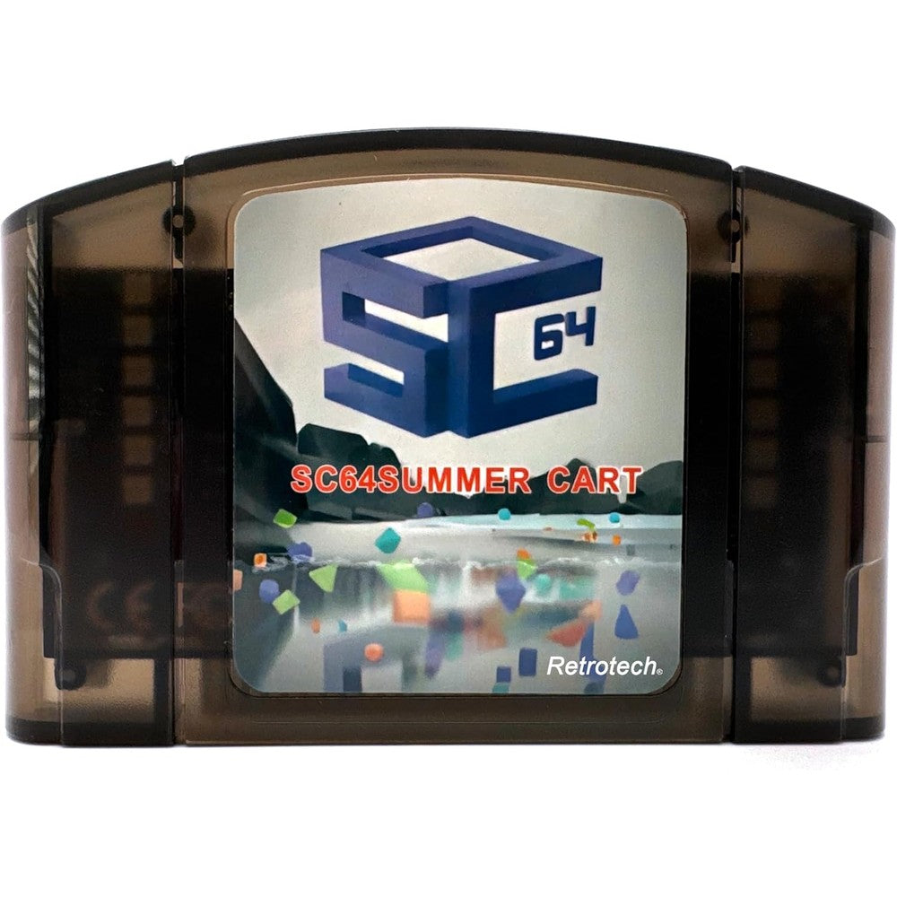 Retrotech Summer Cart sixty-four multi game flashcart front view showcasing transparent black casing.