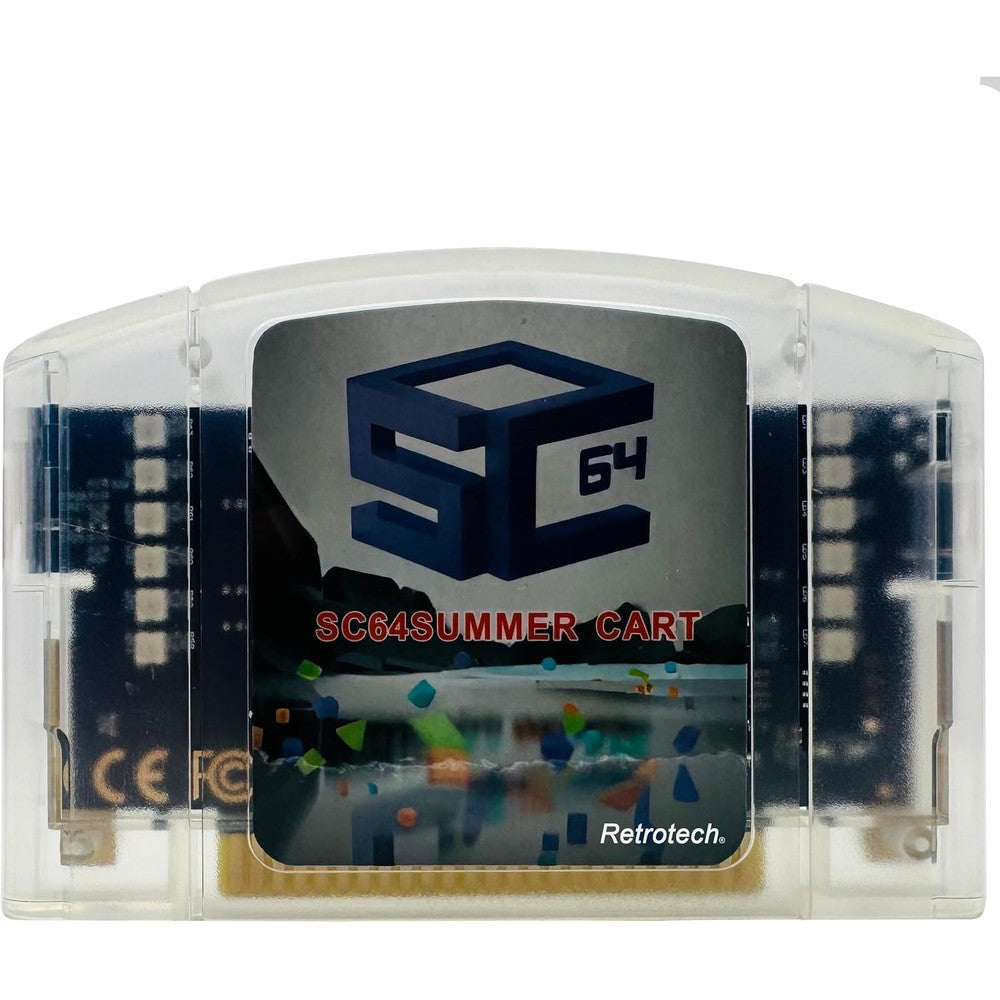Retrotech Summer Cart 64 multi game flash cartridge front view showing transparent clear shell design.