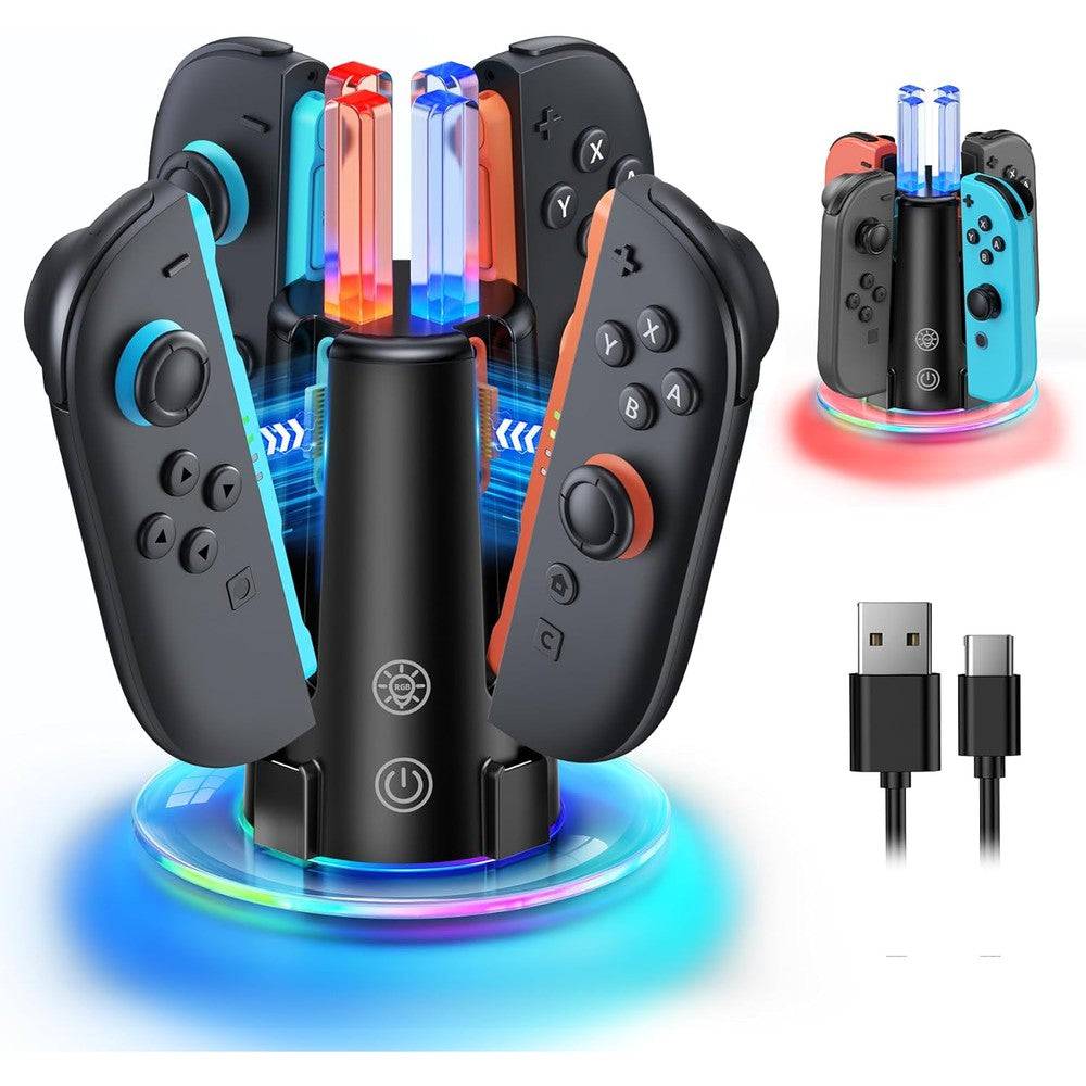 FYOUNG 8-in-1 charging dock for Nintendo Switch 2 showing front view with glowing RGB light base.