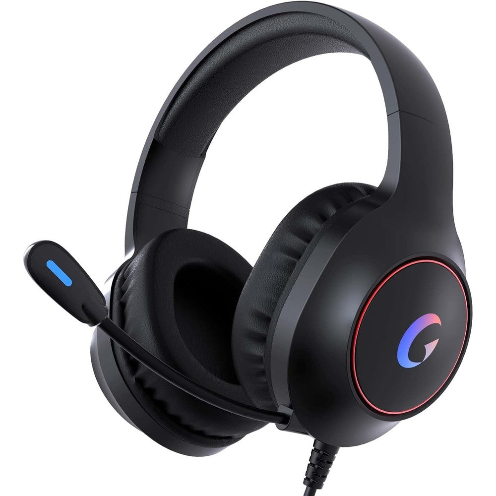 Syndesmos CM7002 gaming headset black front view showing RGB earcups