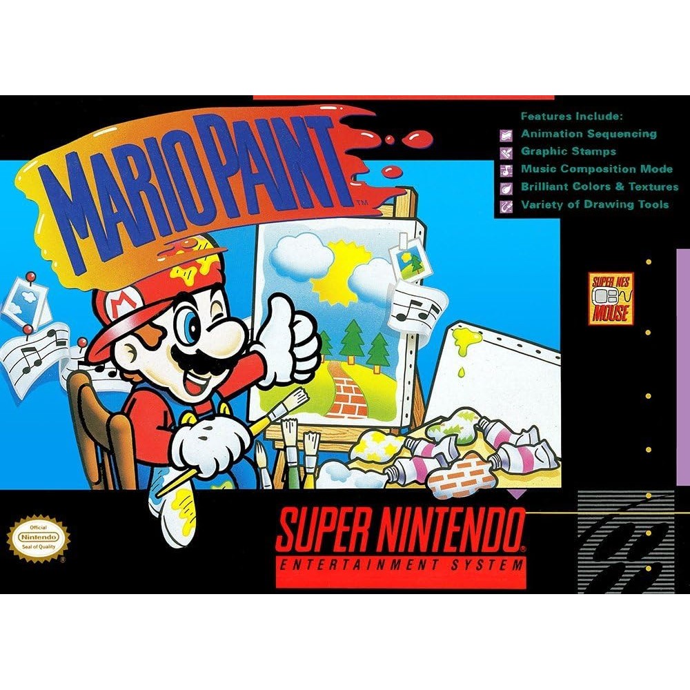 Nintendo Mario Paint SNES game box and mouse front view