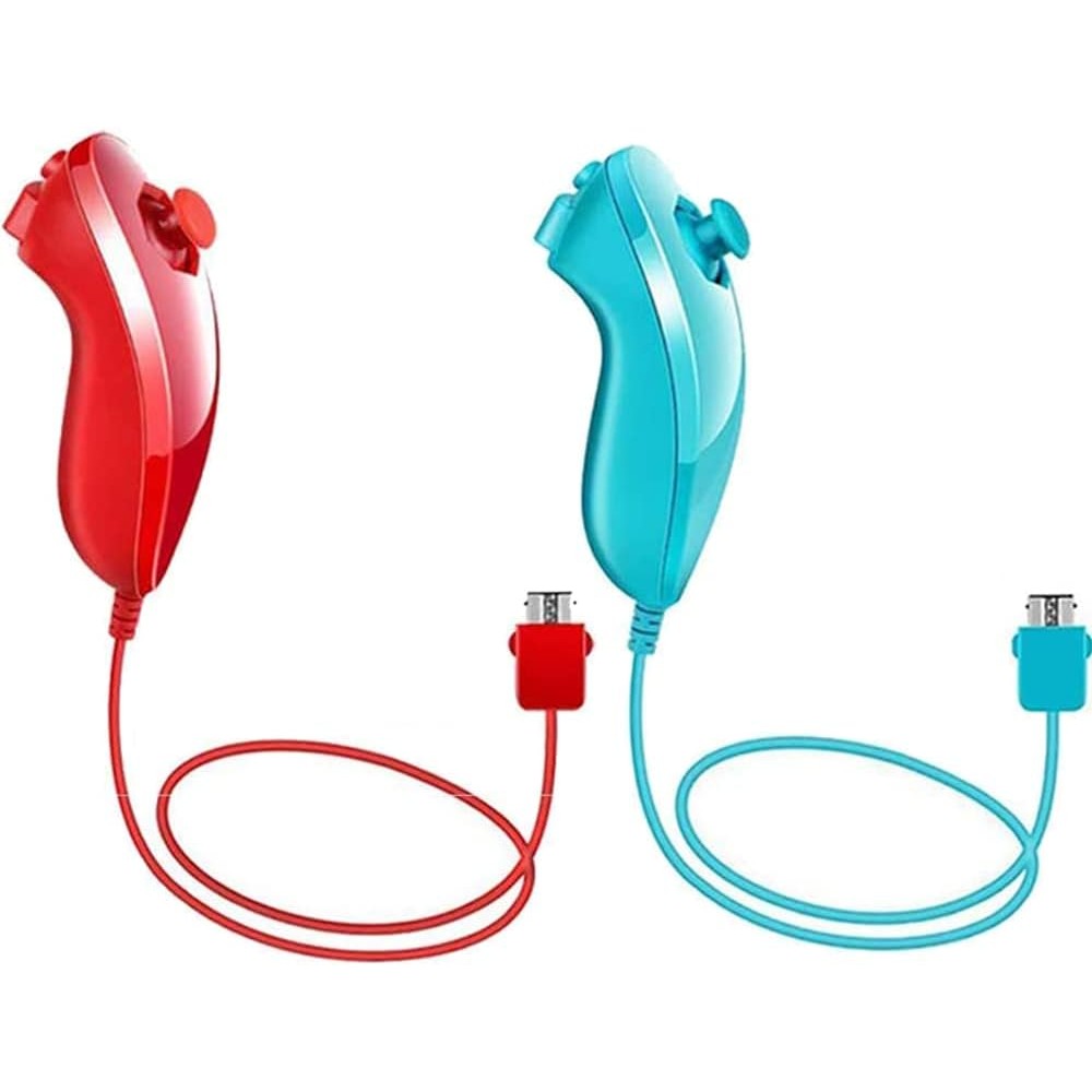Zotain Tevodo Wii Nunchuck Controller two pack shown from the front angle highlighting the red and blue color variants.