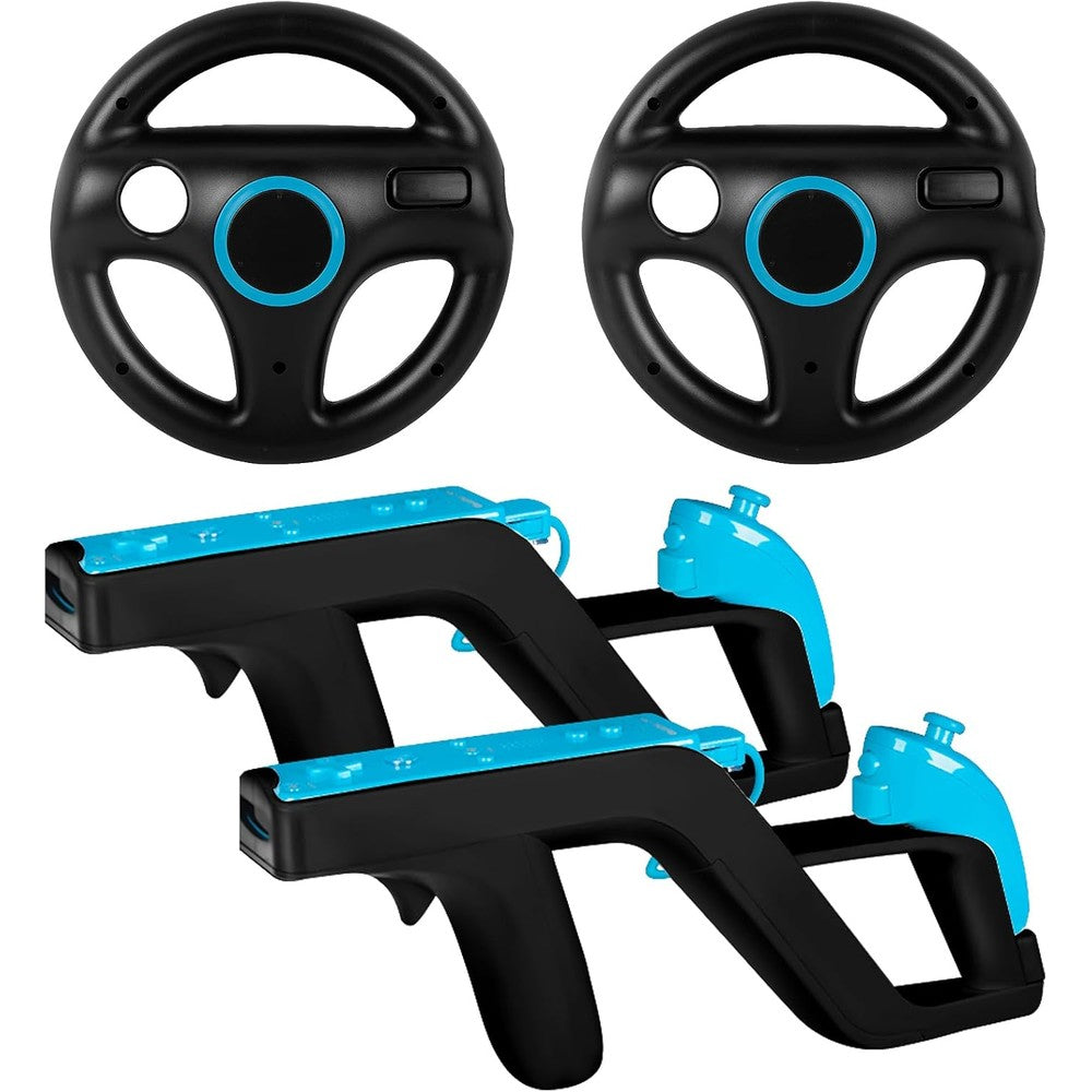 Machine-Ya Wii Zapper Gun and Steering Wheel 2-Pack front view showing black motion gaming accessories.