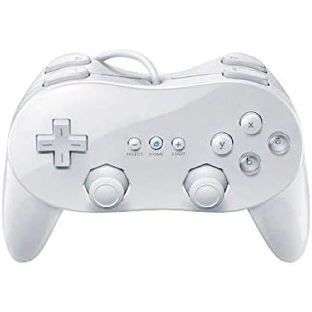 OSTENT Wired Classic Controller Pro for Nintendo Wii white front view featuring dual analog sticks and ergonomic handles.