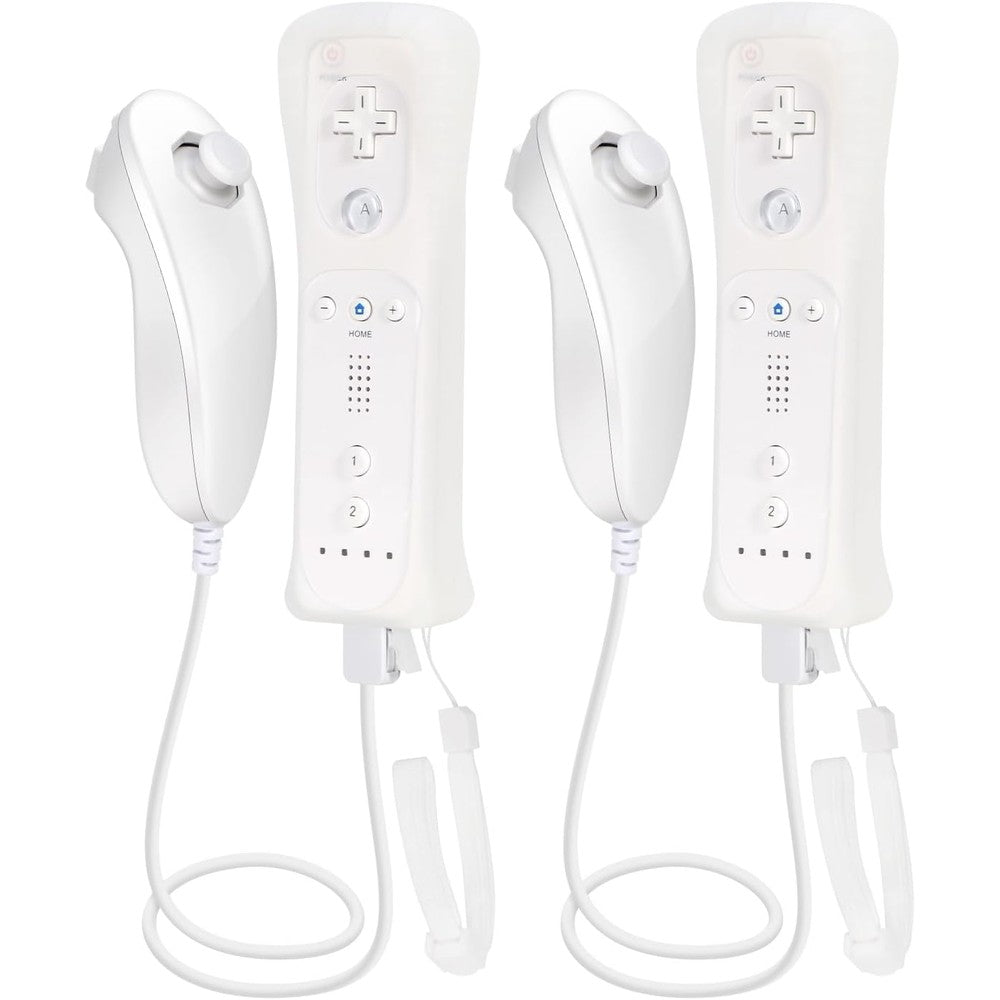 Ankey wireless Wii remote and nunchuk controller set front view showcasing the white premium gaming controllers.
