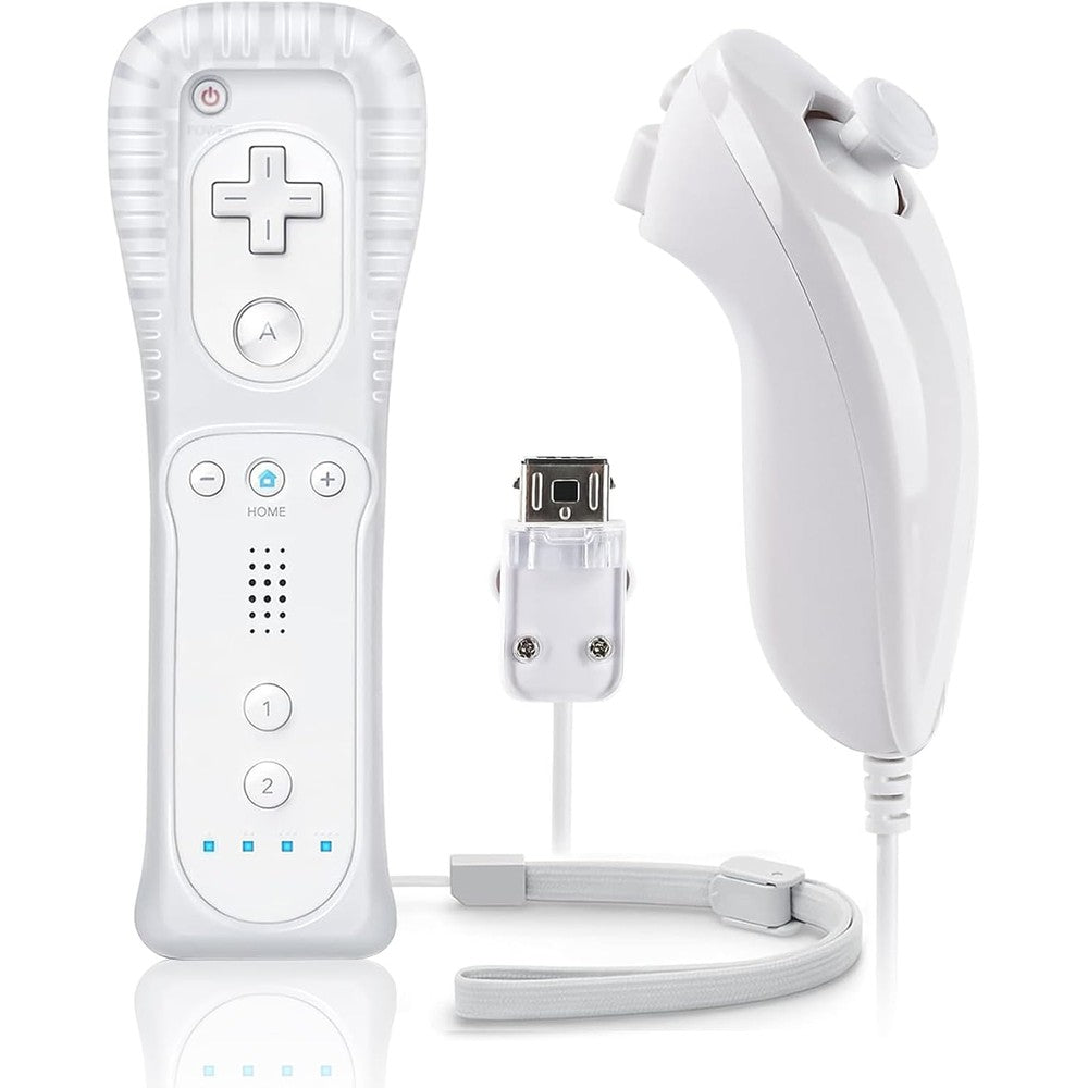 New World FIOTOK Wii Remote and Nunchuck combo set in white front view gaming accessories.