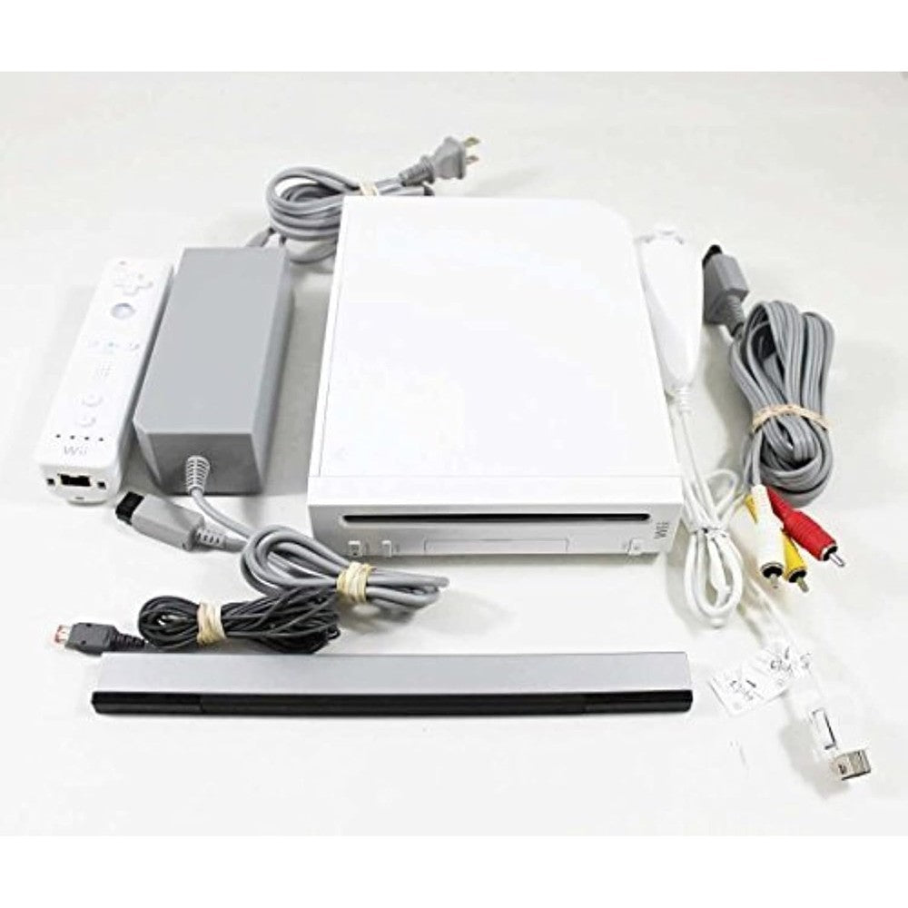 Amazon Renewed Nintendo Wii white console bundle front view showcasing remote controller and sensor bar
