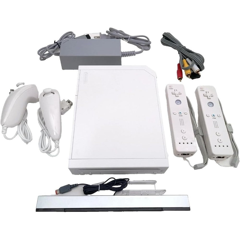 Nintendo Wii white console bundle front view showcasing the system unit and dual controllers.