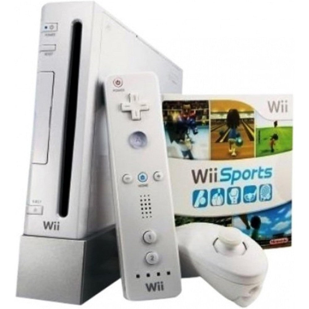 Wii white gaming console bundle front view showcasing the classic system setup.