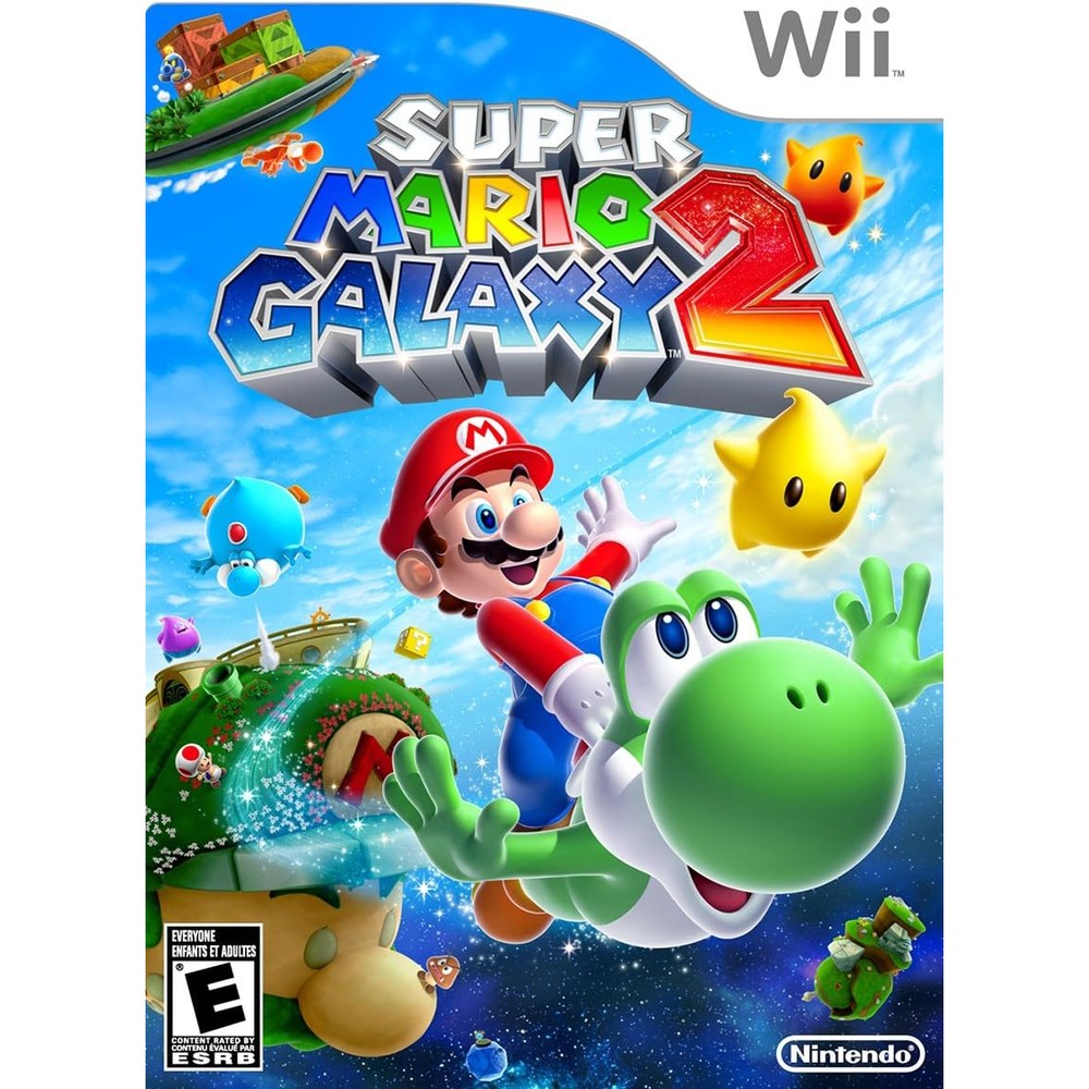Nintendo Super Mario Galaxy 2 Wii video game front cover artwork featuring Mario and Yoshi in space.