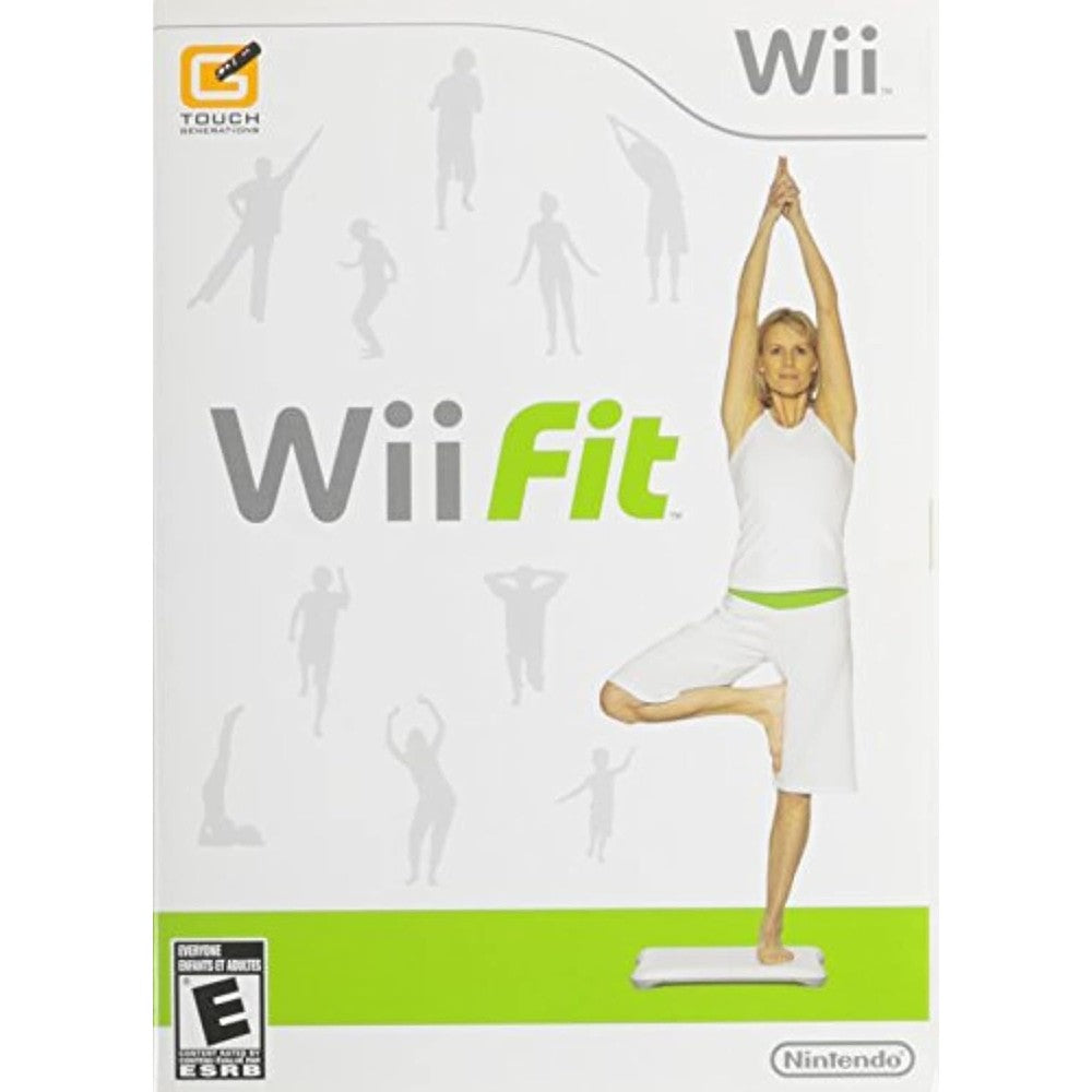 Nintendo Wii Fit game cover featuring a person practicing yoga poses for home fitness workout.