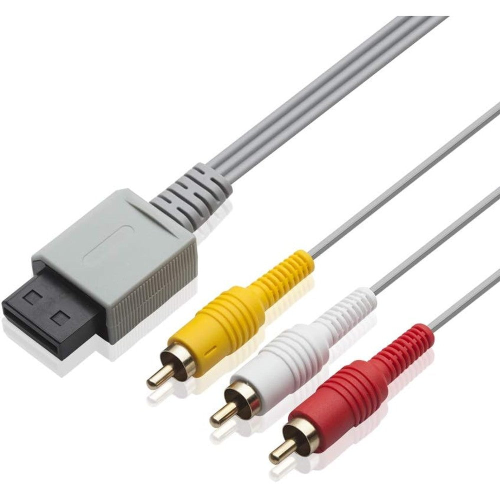 TENINYU 6FT composite AV cable for Wii front view displaying gray console plug and gold plated RCA connectors