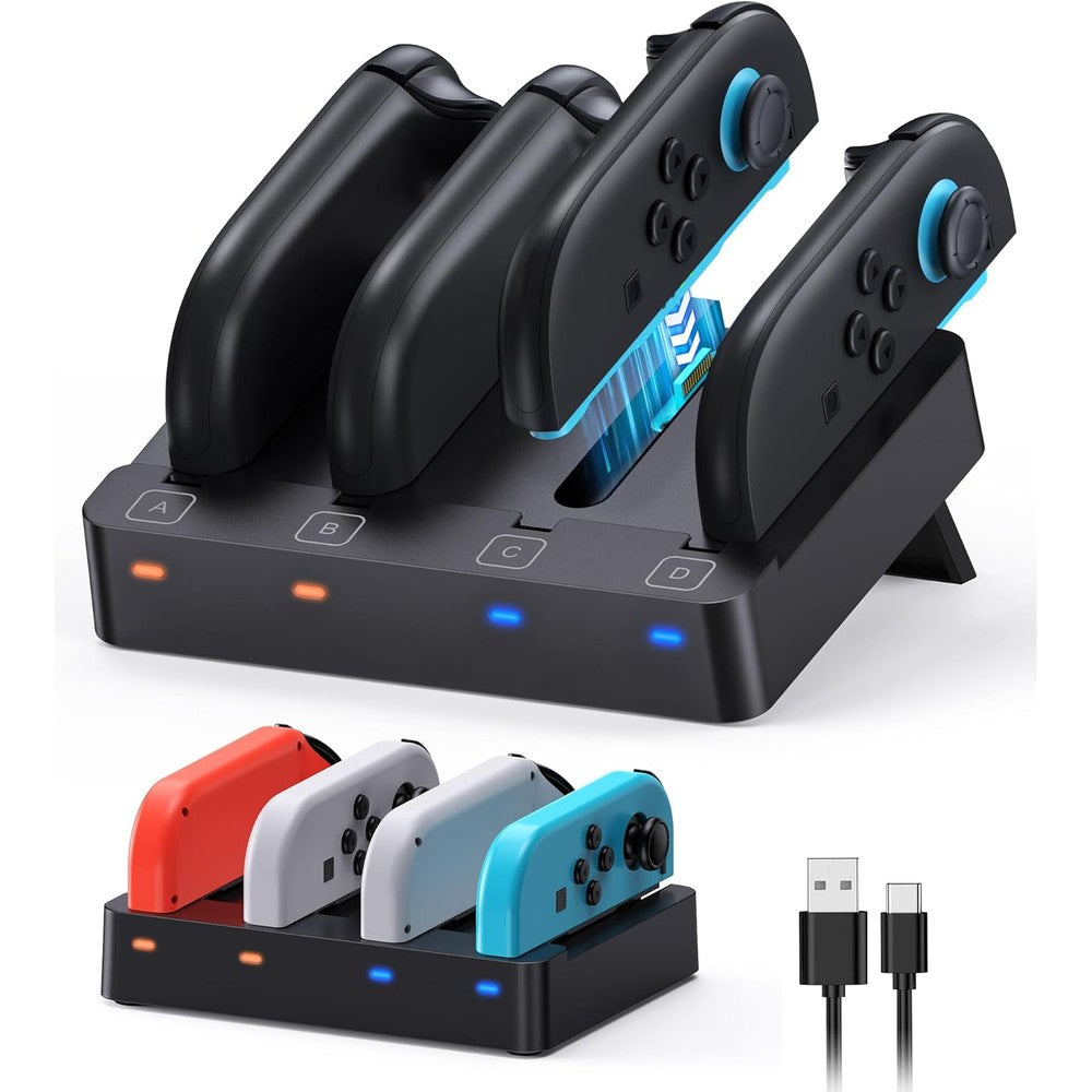 WAXITY Nintendo Switch 2 and 1 controller charger horizontal front view on gaming desk