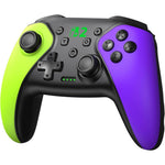 Elisween wireless switch controller front view showing neon yellow green and purple grips with premium joysticks